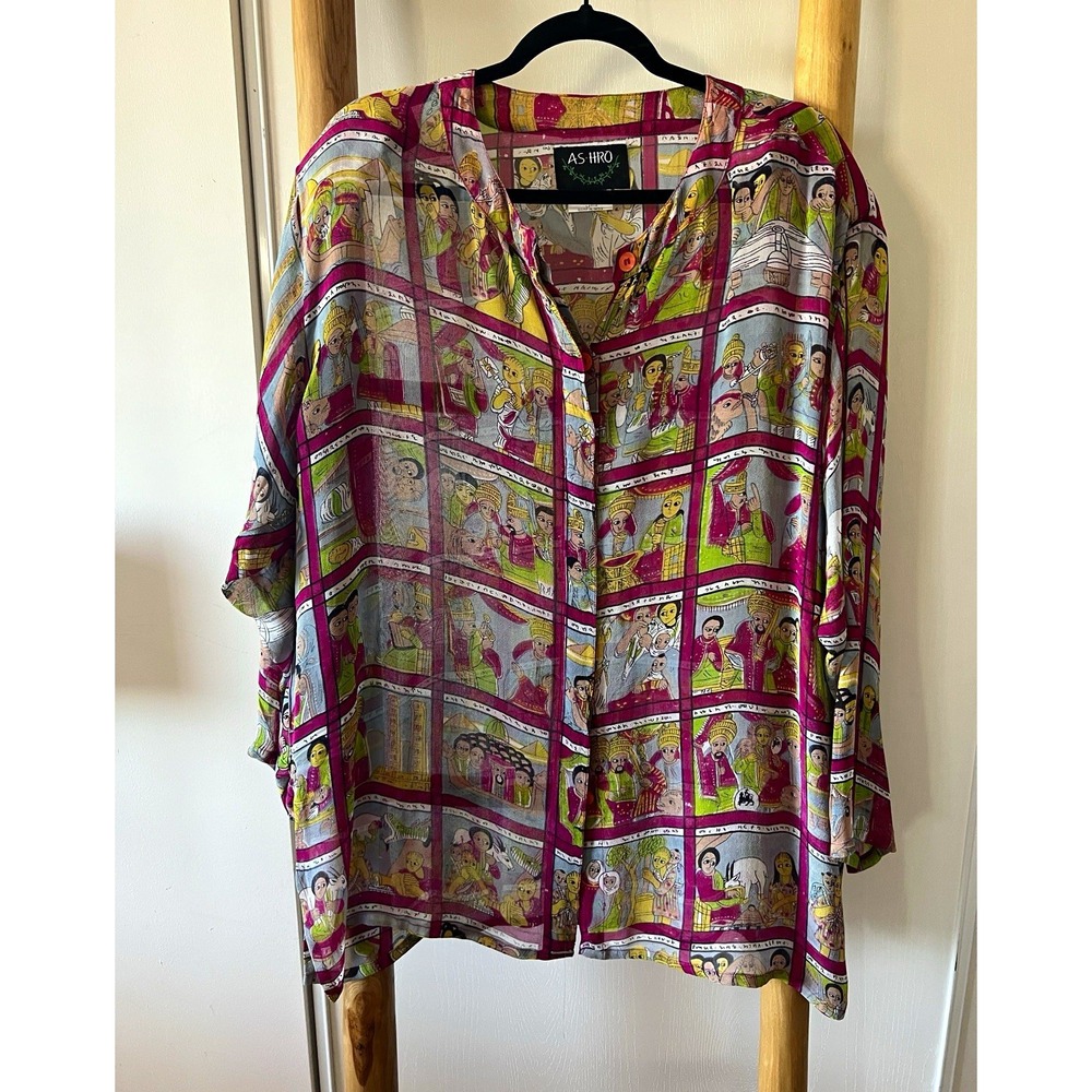 Vintage AS-HRO Multicolor Graphic Woven Rayon Button V-Neck 3/4 Sleeve Blouse L